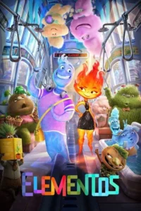 Pôster animado. Um homem de água e uma mulher de fogo sorriem em um metrô futurista, cercados por seres elementais de nuvem e plantas. Cena vibrante.