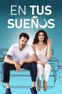 Casal em pijama sentados em uma cama desenhada contra um fundo azul claro. Ela gesticula, ele sério. Atmosfera sonhadora e romântica.