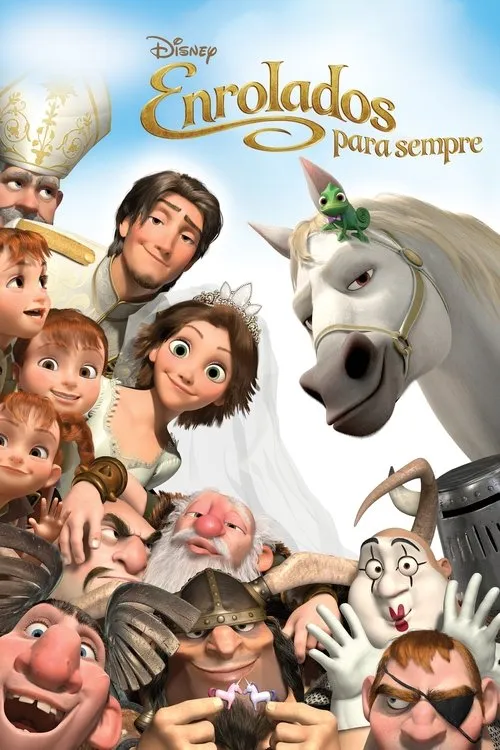 Pôster animado:Noiva,noivo,crianças,um cavalo com camaleão e variados personagens sorridentes. Todos em aglomeração alegre contra céu azul.