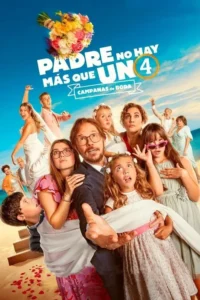 Pôster cômico:Família numerosa em pânico,com pai e filhos no centro,e um casamento na praia ao fundo. Buquê de flores voa alto.