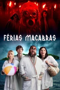 Quatro pessoas de férias na praia,com figuras encapuzadas e rosto monstruoso em vermelho acima. Contraste de comédia e terror.