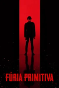 Homem sombrio com barba e faca,silhuetado contra um feixe de luz vertical vermelho,refletido no chão. Fundo preto com faíscas.