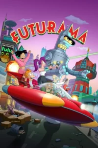 Pôster animado vibrante. Grupo de personagens peculiares em uma nave vermelha voadora sobre uma cidade futurista. Um robô gigante atira.