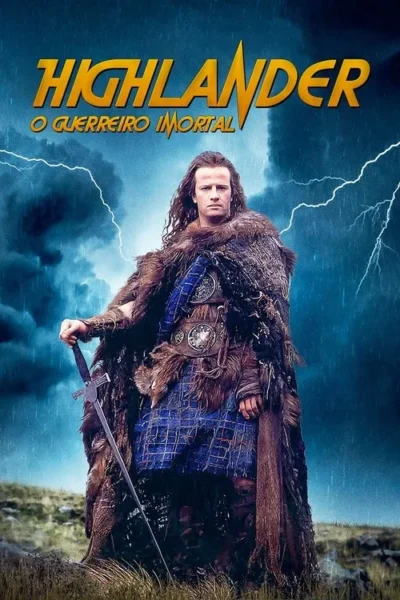 Homem de cabelo comprido e sério, vestindo manto de pele e kilt, segura uma espada. Raios cortam um céu tempestuoso e chuvoso sobre um terreno rochoso.