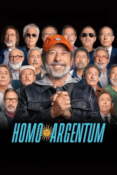 Homem barbudo sorridente de boné laranja no centro, rodeado por múltiplas versões de si mesmo com diversas expressões e trajes, em fundo preto.