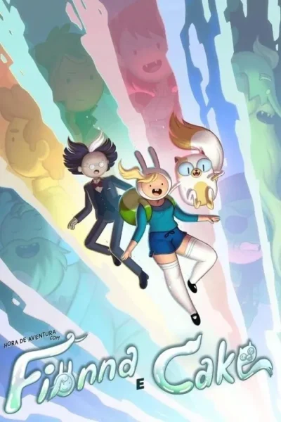 Loira de chapéu de coelho, gato e homem de terno flutuam contra fundo prismático com figuras translúcidas. Clima de aventura.