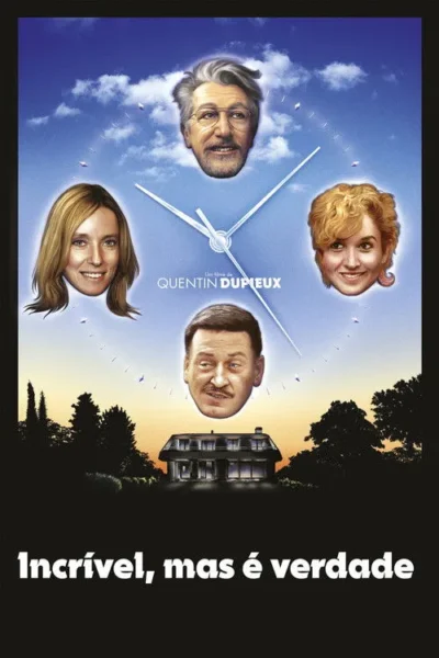 Quatro cabeças sorridentes flutuam num céu azul, como relógio com ponteiros. Abaixo, uma casa iluminada e paisagem escura.