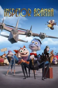 Pôster animado. Insetos detetives em um cais com avião vintage no céu azul. Um aracnídeo de terno e amigos curiosos em uma aventura.