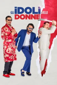 Três homens com bigodes em poses cômicas. Um de robe vermelho,um de terno azul,e outro de terno creme com facão,rasgando o fundo vermelho.