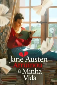 Mulher sorri lendo livro à janela,com alpacas espiando de fora. Livros flutuam e se empilham,coração partido na perna.