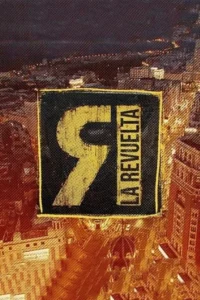 Um grande '9'estilizado em amarelo e preto,com textura de quadrinhos,sobre uma paisagem urbana noturna.