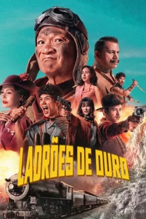 Pôster de aventura com aviador, militar e grupo armado contra um trem a vapor em montanhas. Clima de ação e época.