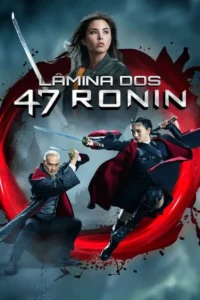 Mulher determinada com katana no topo. Abaixo,um homem e uma mulher guerreiros empunham katanas em combate. Fundo escuro,respingos vermelhos.