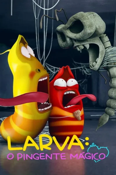 Duas larvas, uma amarela e outra vermelha, gritam de medo para um esqueleto de inseto gigante em um cenário escuro com teias.