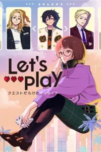 Pôster anime:garota gamer de óculos e fones segura controle,sobre skyline ao pôr do sol. Três homens em caixas de seleção,estilo jogo.