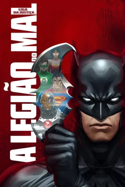 Herói mascarado de capa vermelha em destaque, punho cerrado. Quatro heróis surgem num símbolo de lâmina em fundo vermelho intenso.