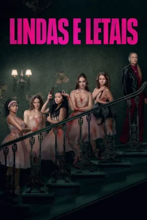 Seis mulheres em escadaria escura. Cinco de balé com sangue, uma com rifle. Uma sexta mulher espreita. Terror gótico e mistério.