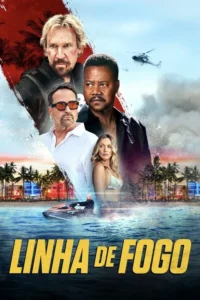 Pôster de ação com múltiplos personagens tensos. Homem loiro e homem negro em destaque,cenário tropical com palmeiras,mar,jet ski e helicópteros.