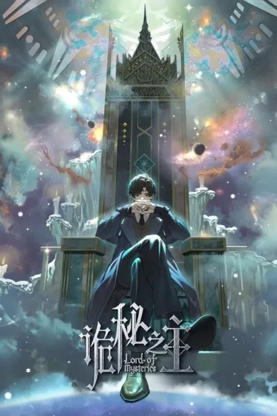 Homem de casaco em trono gigante. Cenário cósmico com galáxias, planetas e estruturas flutuantes. Atmosfera misteriosa e grandiosa.