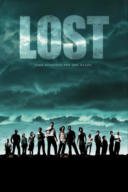 Lost 1 Pôster:Grupo de pessoas em silhueta contra um mar agitado e céu sombrio. Atmosfera de mistério e desafio,com ondas em destaque.
