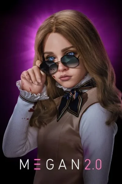 Boneca de cabelo castanho e olhos azuis, em uniforme. Com óculos baixados, sangue no rosto e mangas. Fundo roxo brilhante.