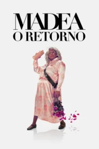Madea:O Retorno 8 Mulher idosa de cabelos grisalhos e óculos,com vestido estampado e faixa. Segura bolsa e buquê murcho. Um sapato e pétalas caem. Fundo branco.