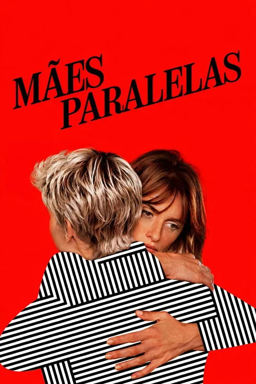 Fundo vermelho. Duas mulheres abraçadas:uma de costas,cabelo loiro,listrada;a outra,cabelo castanho,com olhar intenso.