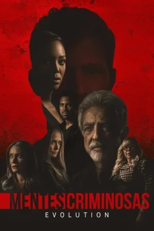 Pôster sombrio com 7 personagens sérios em fundo vermelho. Uma silhueta masculina domina o topo. Clima de mistério.