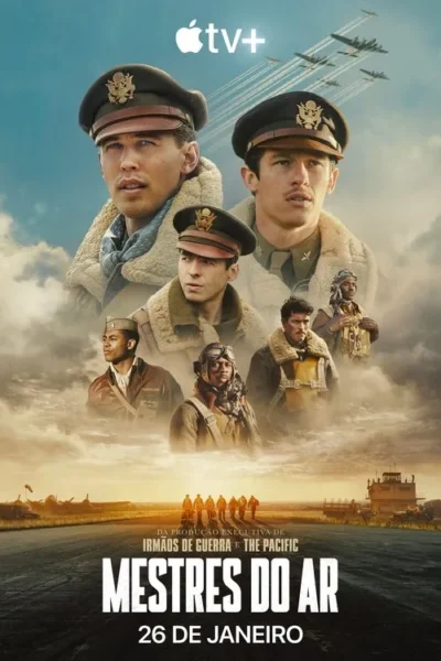 Pôster de drama de guerra: vários aviadores em uniforme militar, bombardeiros no céu e um grupo de soldados em pista ao pôr do sol.