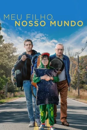 Pai, filho e avô na estrada. O filho usa pijama de dinossauro e o avô segura uma frigideira. Clima de jornada sob céu azul.