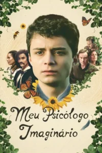 Pôster com jovem sério central,adultos ao redor. Fundo de madeira com folhas,girassóis,borboletas e uma abelha. Clima natural e pensativo.