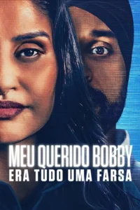 Pôster close-up:rosto de mulher à esquerda,olho de homem à direita,fundo azul com efeito de tela digital. Clima de intriga.