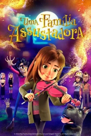 Pôster animado: Menina sorridente toca violino cercada por personagens assustadores e um cachorro. Cenário noturno mágico com luzes douradas.