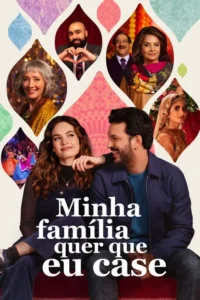 Pôster vibrante com jovem casal sorridente. Múltiplos personagens em molduras e cenas de festa com trajes indianos,sugerindo romance e comédia.