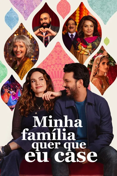 Pôster vibrante com jovem casal sorridente. Múltiplos personagens em molduras e cenas de festa com trajes indianos, sugerindo romance e comédia.