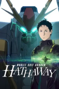 Pôster de anime:Homem jovem com uniforme futurista e um robô gigante de olhos brilhantes ao fundo. Clima de ficção científica.