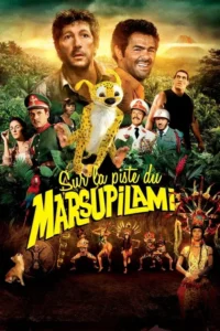 Pôster de aventura na selva com homens,criatura amarela com pintas,militares e dançarinos nativos. Clima exótico e cômico.