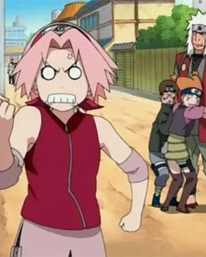 Garota de cabelo rosa com expressão de raiva exagerada e punho erguido. Ao fundo, um homem barbudo com crianças assustadas agarradas a ele. Cena cômica.