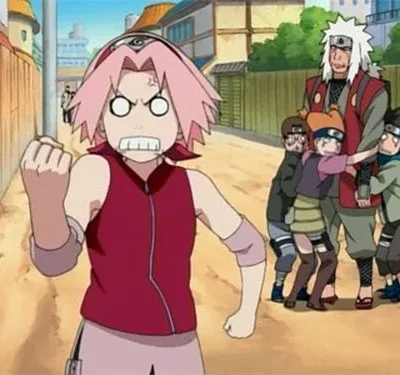 Garota de cabelo rosa com expressão de raiva exagerada e punho erguido. Ao fundo, um homem barbudo com crianças assustadas agarradas a ele. Cena cômica.