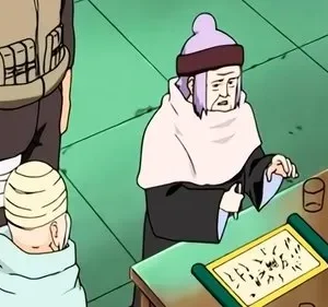 Uma idosa de cabelo roxo e chapéu observa um pergaminho numa mesa de laboratório. Dois personagens de costas, um com cabeça enfaixada.