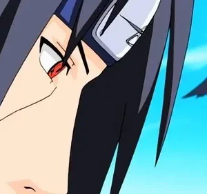 Close-up de homem anime com olhos vermelhos intensos e bandana. Ele olha sério sob um céu azul, com um corvo voando.