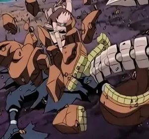 Personagem de anime sendo esmagado por rochas e uma cauda metálica segmentada em cenário escuro e caótico. Ação intensa.