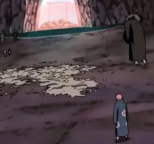 Cena em caverna escura. Duas figuras de costas, uma com capa vermelha. No chão, manchas claras. Ao fundo, portal brilhante e pequenas figuras.