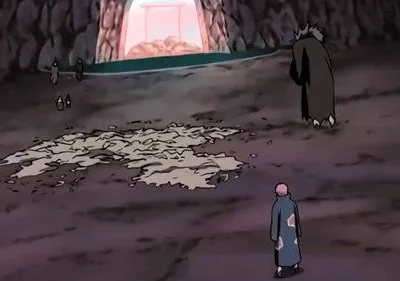 Cena em caverna escura. Duas figuras de costas, uma com capa vermelha. No chão, manchas claras. Ao fundo, portal brilhante e pequenas figuras.