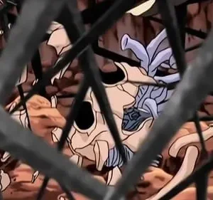 Através de galhos escuros, um cenário sombrio com pilhas de ossos e um crânio azulado com espinhos.