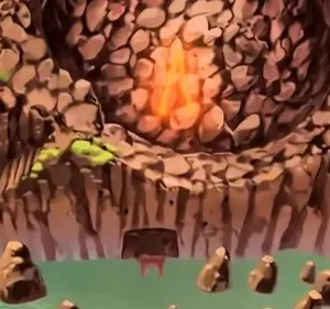 Uma torre de pedra em penhasco verde, com fogo laranja no topo. Água azul com ilhas rochosas abaixo e uma escada de madeira.