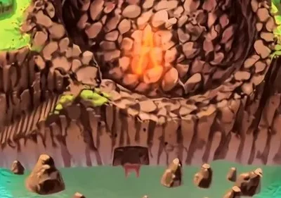 Uma torre de pedra em penhasco verde, com fogo laranja no topo. Água azul com ilhas rochosas abaixo e uma escada de madeira.