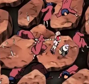 Anime. Garota de cabelo rosa com punho cerrado e uma figura menor em campo rochoso. Vários inimigos de capa vermelha jazem derrotados, kunais no chão.