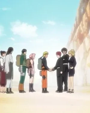 Cerca de 12 personagens de anime em deserto. Grupo de viajantes com mochilas e outro grupo, alguns de terno, com aperto de mão. Céu azul.