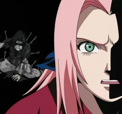 Mulher de cabelo rosa com rosto intenso, metade na sombra. Atrás, figura sombria em cinza com lâminas flutuando. Cenário escuro, clima tenso.